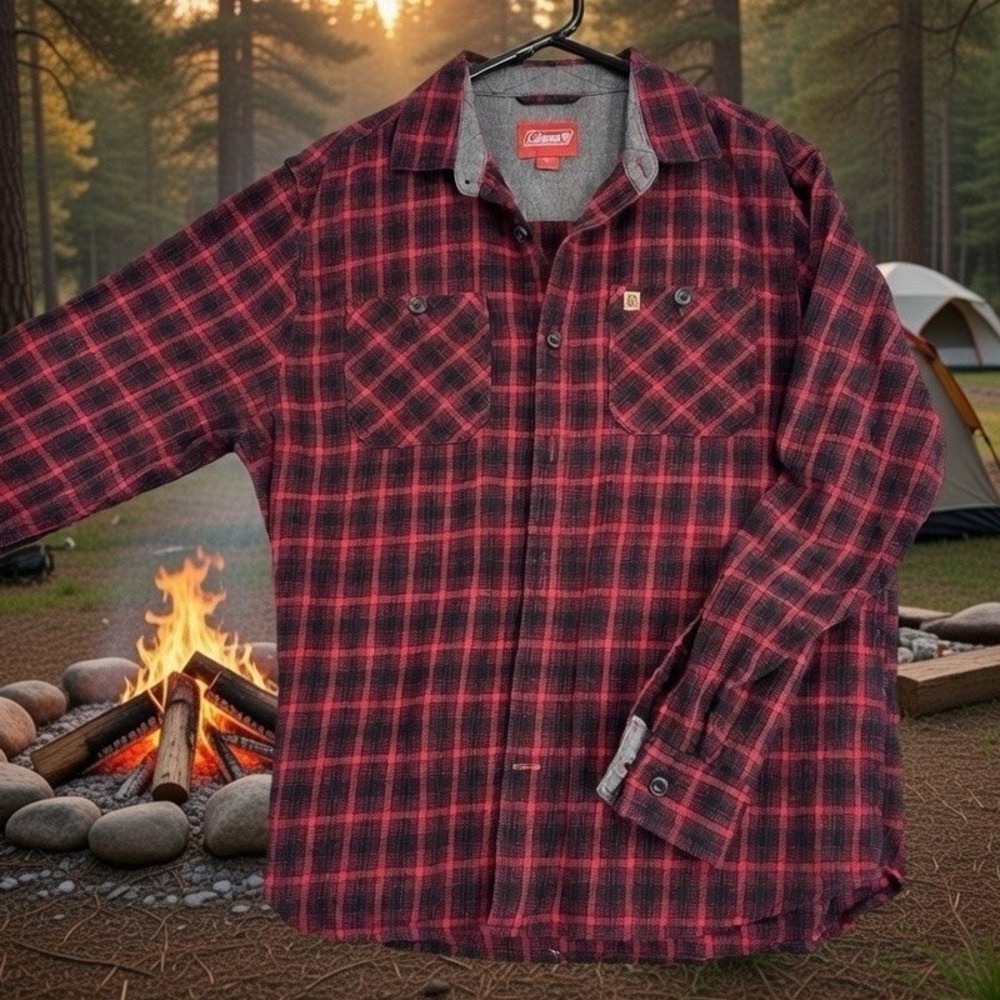 Coleman Men's Red Black Plaid Flannel Button Up Shirt Size L